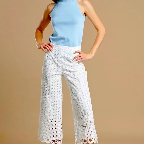 White eyelet linen Palazzo pants - Picture 1 of 2